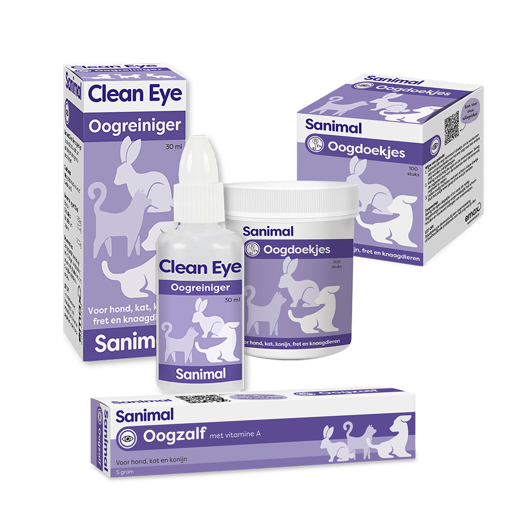 Sanimal Oog producten: oogzalf, oogdoekjes en clean eye oogrreiniger. Emax.nl