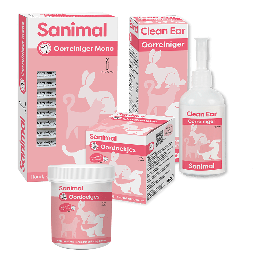 Sanimal Clean Ear Oorreiniger, Oorreiniger Mono en Oordoekjes voor honden, katten, konijnen, fretten en knaagdieren - emax.nl